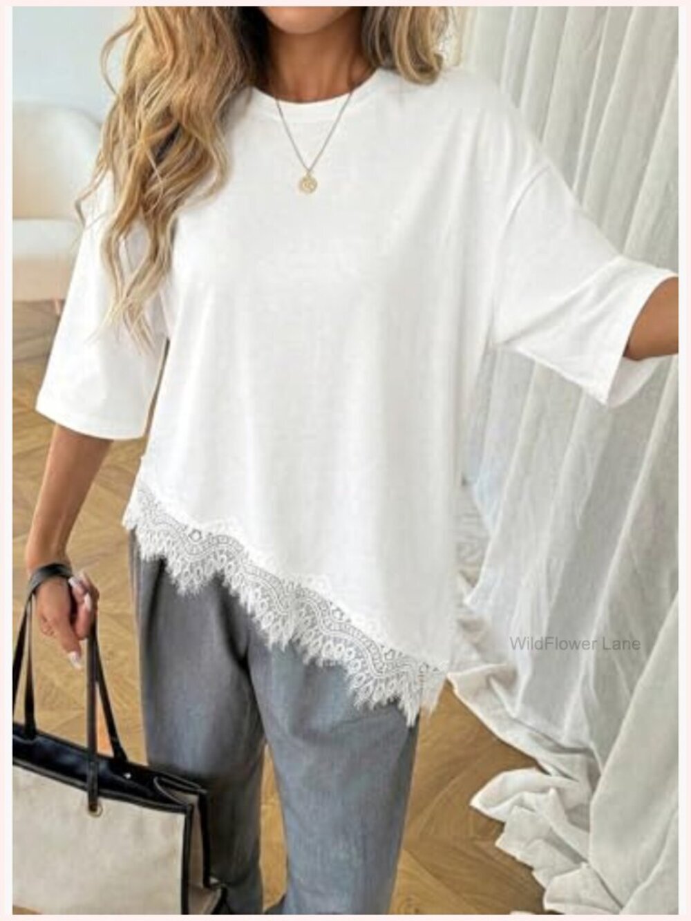 Crew Neck Half Sleeve T-Shirt Asymmetrical Hem Lace Patchwork Loose Fit Top - Picture 7 of 7